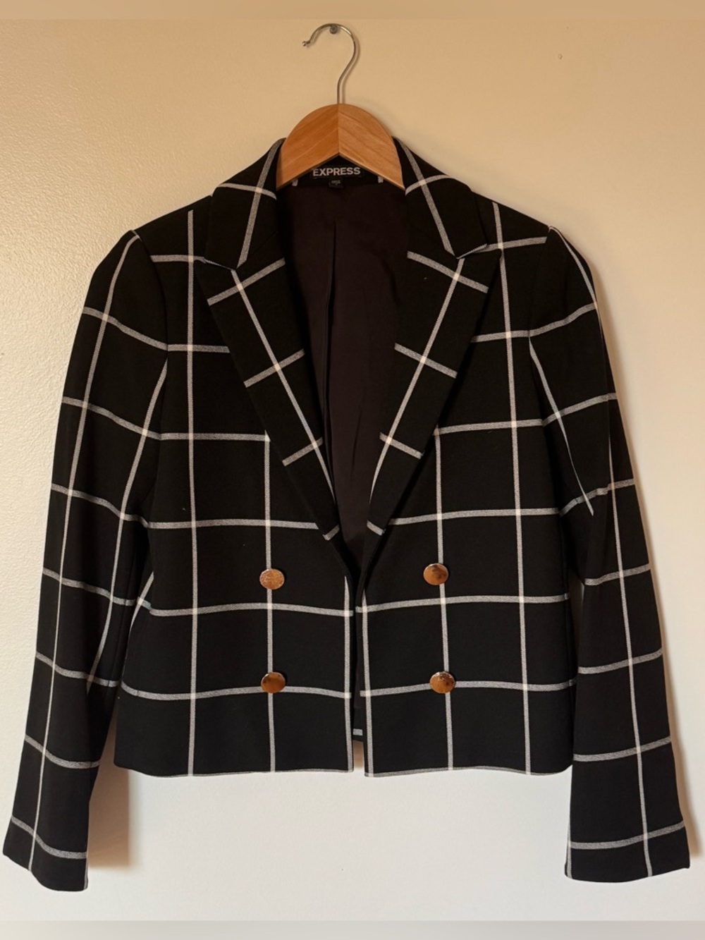 Express Black Windowpane Double-Breasted Cropped Blazer